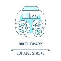 ícone de conceito azul de biblioteca de bicicleta. compartilhamento de bicicleta categoria idéia abstrata ilustração de linha fina. aproveitando as oportunidades de lazer. desenho de cor de contorno isolado de vetor. traço editável vetor