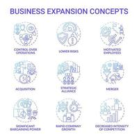 conjunto de ícones de conceito gradiente azul de expansão de negócios. ilustração de cores de linha fina de ideia de crescimento e desenvolvimento da empresa. fusão, aquisição. Competição de Mercado. desenhos de contorno isolados vetoriais vetor