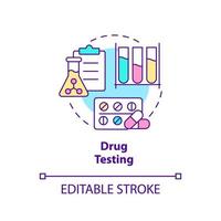 ícone do conceito de teste de drogas. pesquisa de farmácia. coisas a serem testadas ilustração de linha fina de ideia abstrata. desenho de contorno isolado. traço editável. arial, uma miríade de fontes pró-negrito usadas vetor