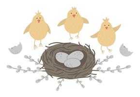 vector planas galinhas engraçadas com ovos no ninho emoldurado com ramos de salgueiro. ilustração de páscoa fofa. imagens de férias de primavera isoladas no fundo branco.