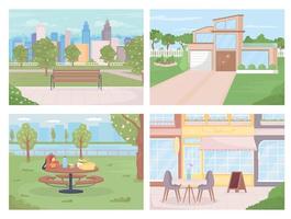 áreas públicas na cidade para relaxamento conjunto de ilustração vetorial de cores planas vetor