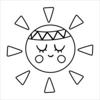 vector boho sol preto e branco com banda na cabeça. ícone de linha planeta boêmio isolado no fundo branco. ilustração de contorno de estrela celestial.