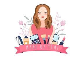 compõem a coleção de cosméticos de glamour girl como esmalte, rímel, batom, sombras, pincel ou pó em ilustração vetorial de desenho animado plano vetor