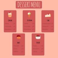 design de menu de sobremesa vetorial simples com bolos doces, sorvete, panquecas, cupcakes no estilo cartoon desenhado à mão vetor