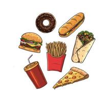 conjunto de estilo de desenho animado de junk food. isolado no fundo branco. vetor