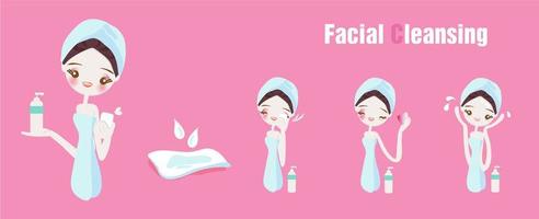 Conjunto de etapas de limpeza facial vetor