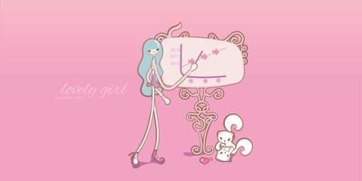 Menina apresentando gráfico em fundo rosa vetor