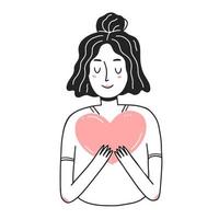 retrato de uma jovem segurando seu coração no peito em um estilo simples doodle linear. ilustração vetorial isolado. vetor