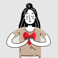 jovem garota feliz segurando um coração nas mãos dela. ilustração vetorial com um personagem em um estilo simples e bonito doodle. vetor