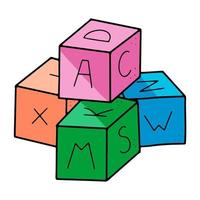 brinquedos de bloco infantil estilo doodle com alfabeto sobre eles em formato vetorial. vetor