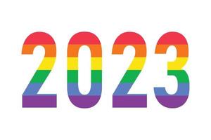 Logotipo do ano 2023 nas cores da bandeira lgbtq do arco-íris isoladas em branco. símbolo vetorial do mês do orgulho gay lgbtq, mês da história vetor