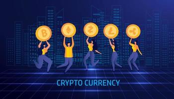 conceito de criptomoeda e blockchain, pessoas segurando moedas criptográficas douradas, financeiro e investimento em ativos digitais, ilustração vetorial vetor