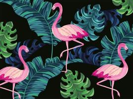 flamingos tropicais com fundo de folhas exóticas vetor