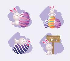 conjunto coelho da Páscoa com decoração de ovos e emblema vetor