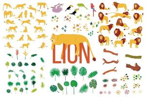 Mão desenhada coleção plana de leões e plantas tropicais isoladas no fundo branco. vetor