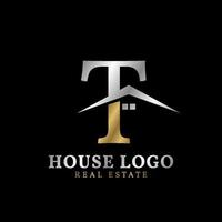 letra t com telhado e janela design de logotipo de vetor imobiliário luxuoso