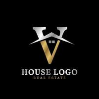 letra v com design de logotipo de vetor imobiliário luxuoso de telhado e janela