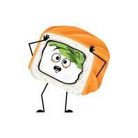 personagem de sushi com emoções em pânico agarra sua cabeça, rosto surpreso, olhos chocados, braços e pernas. pessoa com expressão assustada, emoticon de comida asiática. ilustração vetorial plana vetor