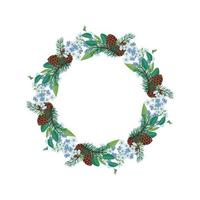 grinalda de pequeno azul não me esqueça flores com agulhas de abeto e cones. composição de floração de primavera ou quadro com folhas. decoração festiva para casamento, feriado e cartão postal. ilustração vetorial vetor