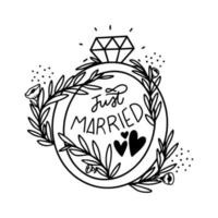 Doodle bonito anel com letras recém casados e folhas com flores