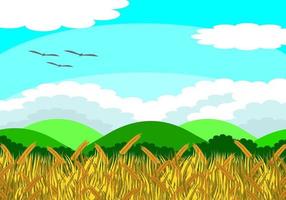 Ilustração em vetor de um campo de arroz com grãos de arroz prontos para acumular. Além, há árvores e montanhas. Durante o dia o céu está claro. É uma bela imagem natural