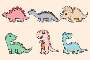 definir coleção de dinossauros fofos fósseis de desenhos animados personagem doodle arte de linha plana desenhada à mão vetor