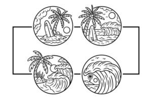 conjunto coleção praia boas vibrações pôr do sol coqueiro relaxante onda surf emblemas ilustração vetor