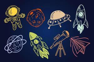 conjunto coleção espaço planetário galáxia planetas desenhos animados astronauta mão desenhada doodle colorido arte plana vetor
