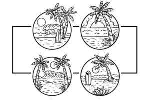 conjunto coleção praia boas vibrações pôr do sol coqueiro relaxante onda surf emblemas ilustração