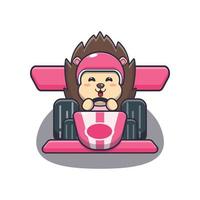 personagem de desenho animado de mascote ouriço fofo andando de carro de corrida vetor