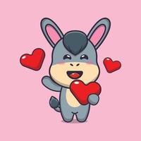 personagem de desenho animado de burro bonito segurando coração de amor no dia dos namorados vetor