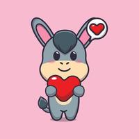 personagem de desenho animado de burro bonito segurando coração de amor vetor