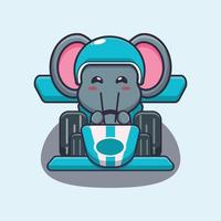 personagem de desenho animado de mascote de elefante fofo andando de carro de corrida vetor