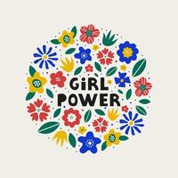 forma redonda colorida de flores abstratas e folhas com poder feminino de letras no centro isolado em fundo pastel. slogan motivacional feminino. ilustração vetorial