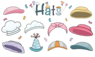 uma variedade de conjuntos de chapéus projetados em estilo simples de doodle vetor