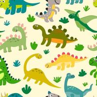 padrão sem emenda de dinossauros fofos em estilo infantil plano. fundo do mundo pré-histórico. vetor