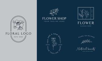 conjunto de logotipo desenhado à mão do elemento floral botânico com flores silvestres e folhas. logotipo para spa e salão de beleza, boutique, loja orgânica, casamento, designer floral, interior, fotografia, cosmético vetor