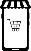 ícone de telefone com carrinho de compras, silhueta preta. destacado em um fundo branco. vetor