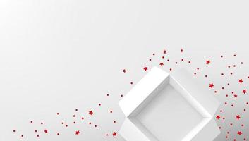 abriu a caixa de presente branca com confete vermelho na mesa branca. banner 3d com espaço de cópia vetor
