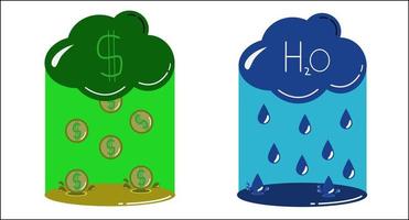 chuva de dinheiro em nuvem, moedas de dinheiro caindo da nuvem. nuvem e chuva, estação chuvosa, ilustração vetorial. vetor