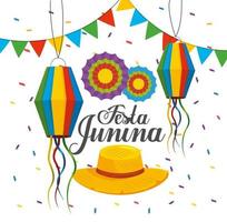 lanternas com banner e flores para festa junina vetor