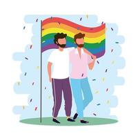 casal de homens junto com a bandeira LGBTQ arco-íris vetor