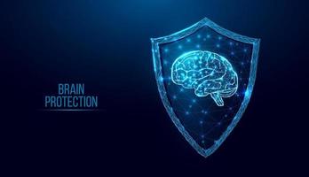 cérebro humano em escudo de guarda. conceito de segurança cibernética com cérebro de baixo poli brilhante e escudo em fundo azul escuro. design de baixo poli de estrutura de arame. ilustração vetorial futurista abstrata. vetor