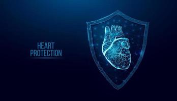 proteção do coração humano. estilo de baixo poli de wireframe. conceito para ciência médica, doença de cardiologia. ilustração em vetor 3d moderno abstrato em fundo azul escuro.