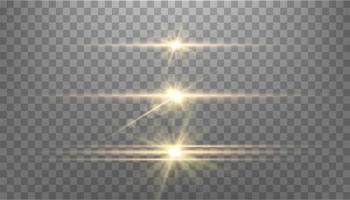 conjunto de flares de lente horizontal de ouro. isolado em fundo transparente. flash de sol com raios ou holofotes dourados e bokeh. efeito de luz de reflexo de brilho amarelo. ilustração vetorial.