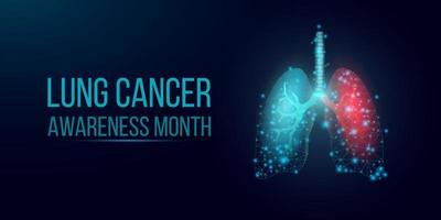 conceito de mês de conscientização do câncer de pulmão. modelo de banner com pulmões de wireframe de baixo poli brilhante. isolado em fundo escuro. ilustração vetorial. vetor