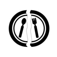 logotipo e ícone de talheres pretos com prato quebrado vetor