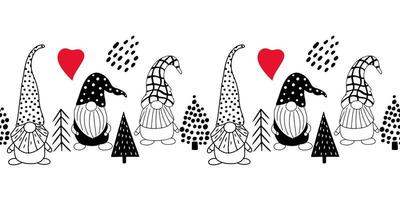 sem costura padrão horizontal com bonitos gnomos desenhados à mão e árvores de natal. um fundo de vetor de estilo escandinavo de elementos de doodle