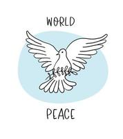 pombo voador com galho e folhas. pomba da paz em um fundo de céu azul. esboço de linha desenhada à mão. pássaro símbolo de esperança, emblema contra a violência e conflitos militares vetor