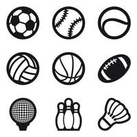 Conjunto de ícones de bolas de diferentes esportes e pinheiros